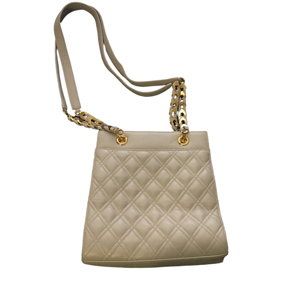 Valerie Stevens Handbags - Valerie Stevens Genuine Leather Quilted Gold Chain Shoulder Bag Light Beige